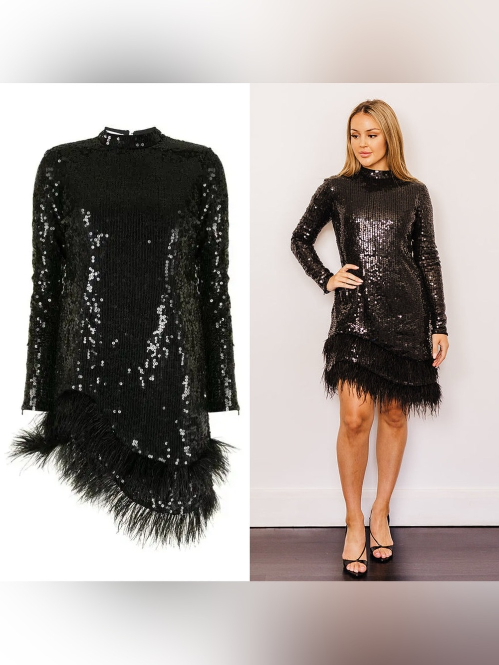 New Rachel Gilbert Ellis Sequin Feather Embellished Dress In Black